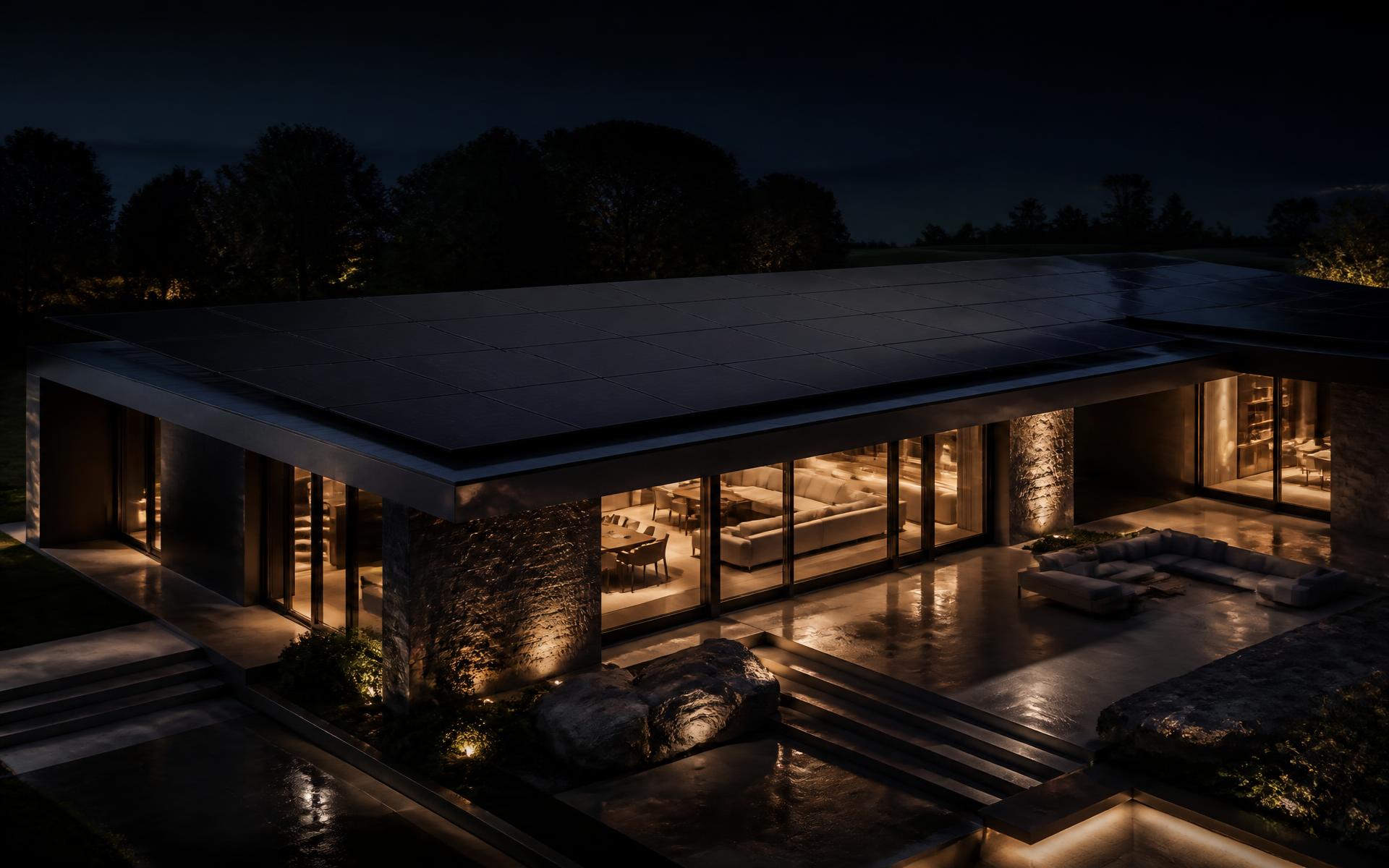 Matte-black solar panels covering the flat roof of a modern residence at dusk, warm light inside